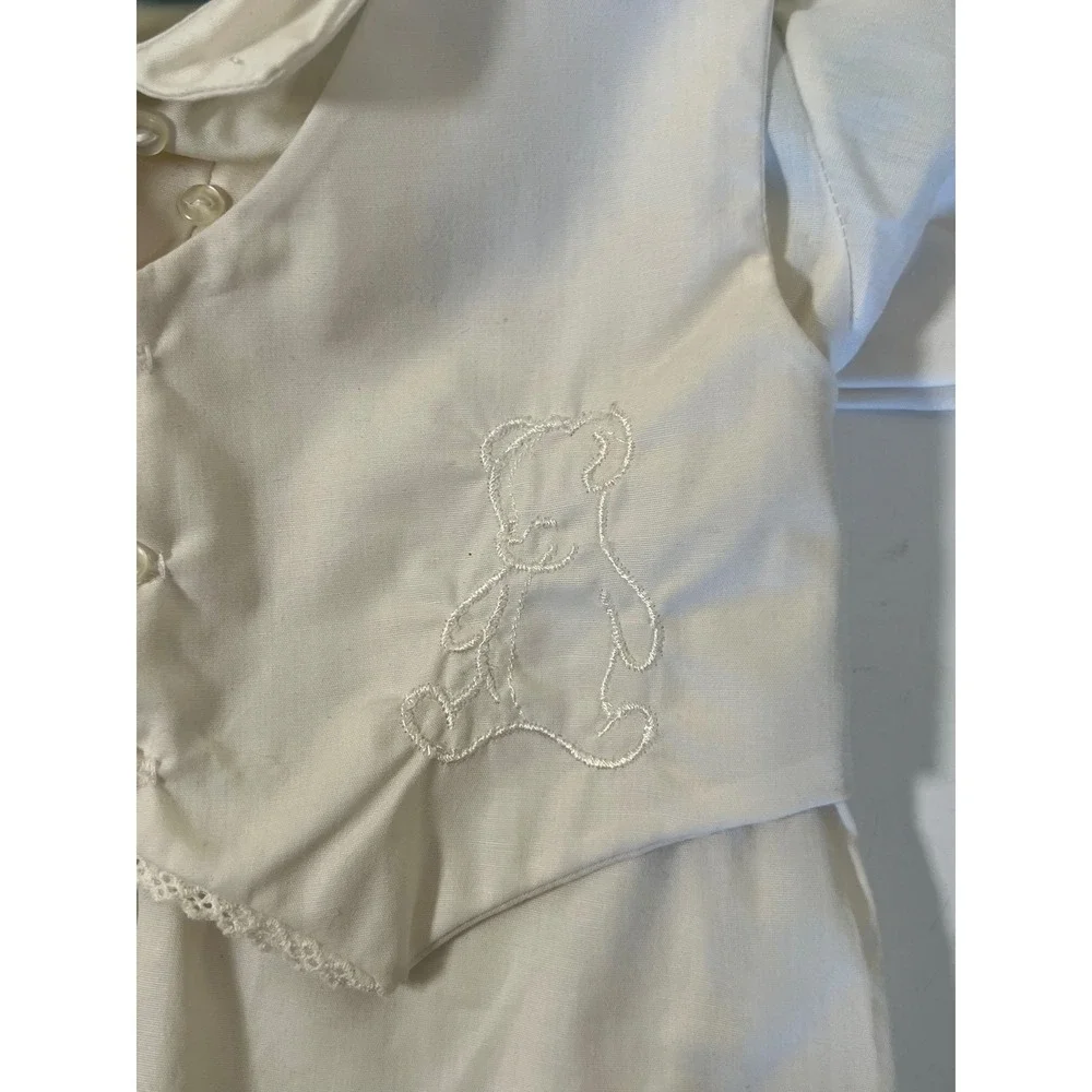 Baby Christening Outfit Romper Bonnet White Bear Embroidery 3-6‎ Months